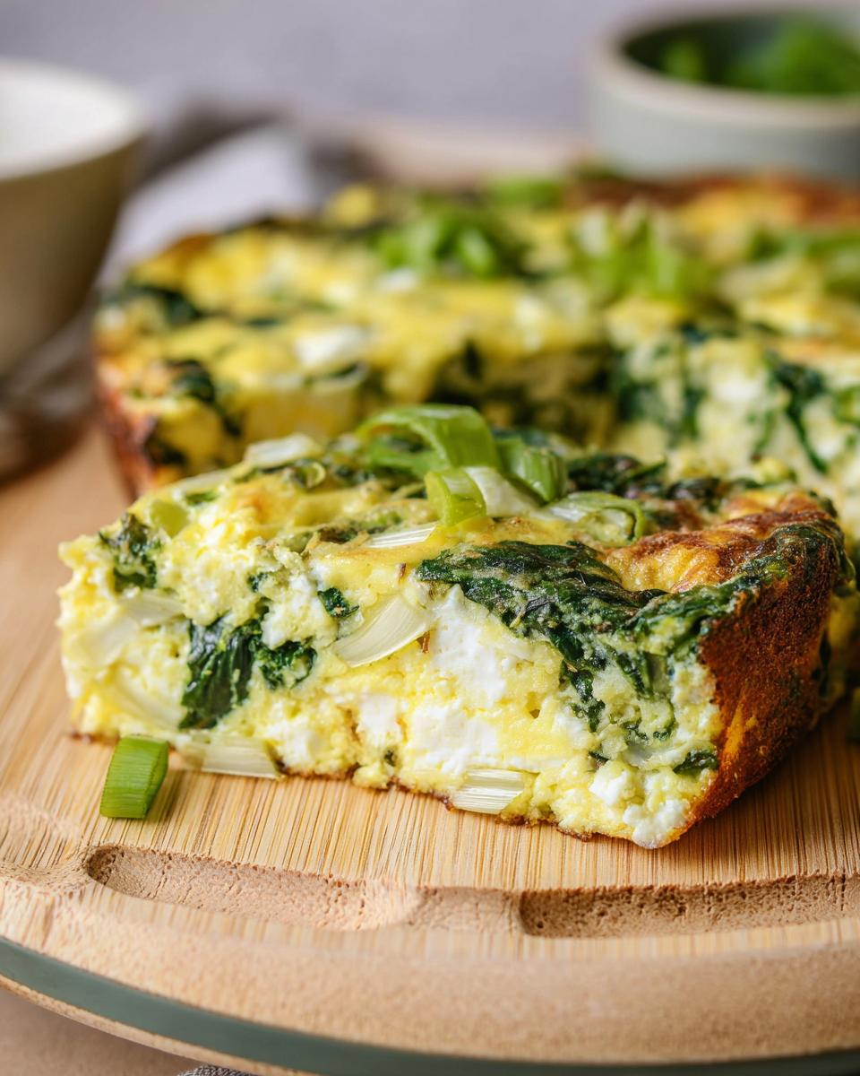 A slice of baked cottage cheese eggs with spinach and green onions on a wooden board.