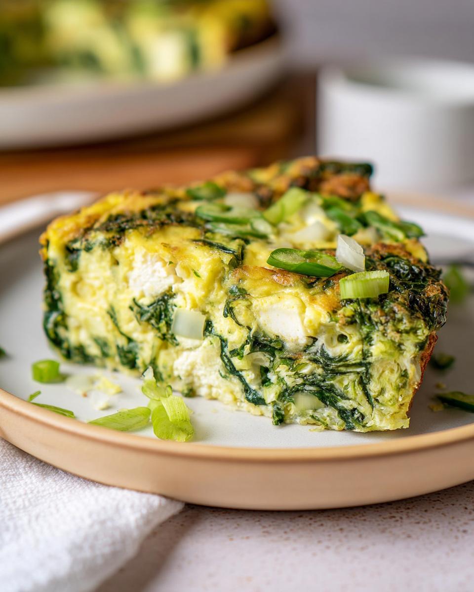A slice of baked cottage cheese eggs with spinach and green onions on a plate.