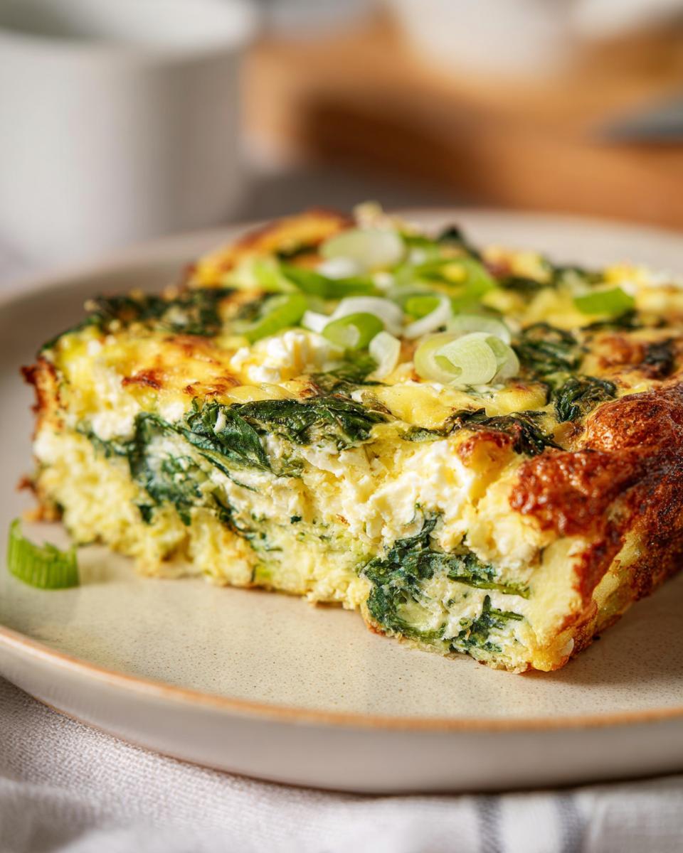 A slice of baked cottage cheese eggs with spinach and green onions on a plate.