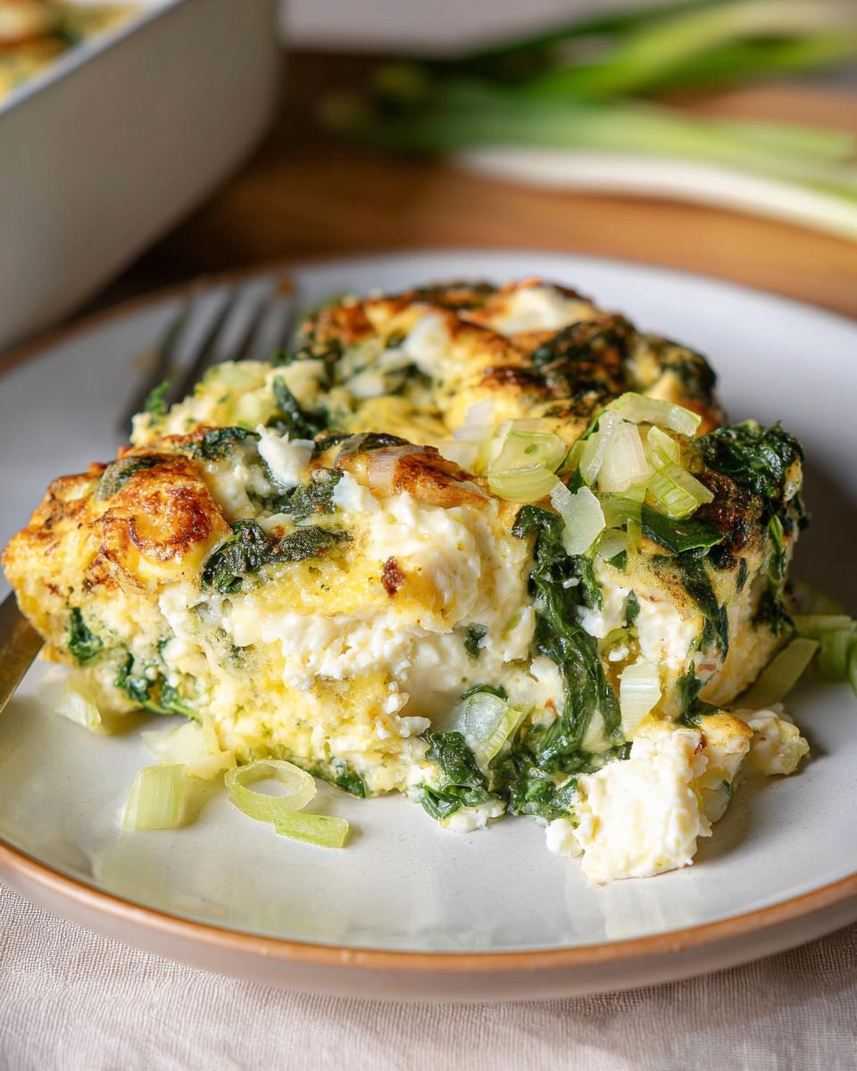 A slice of baked cottage cheese eggs with spinach and scallions, a protein-rich breakfast.