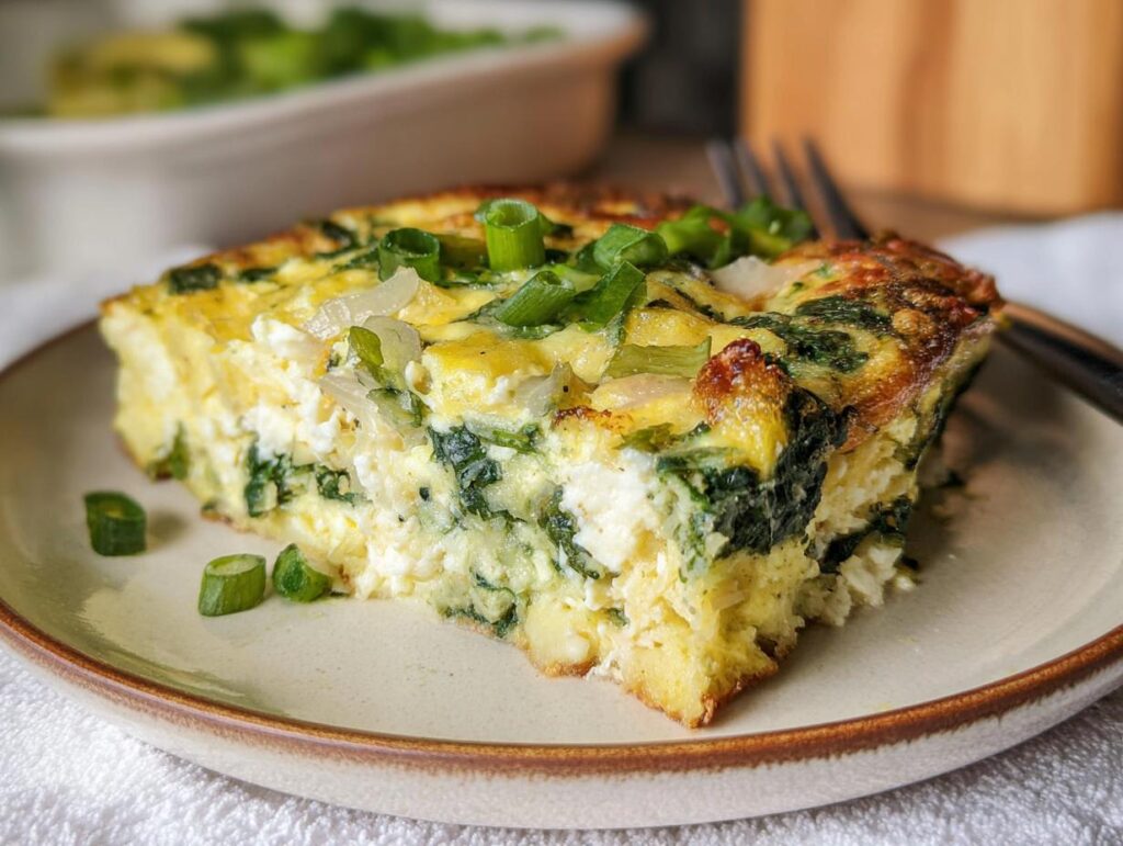 A slice of baked cottage cheese eggs with spinach and green onions, served on a plate.
