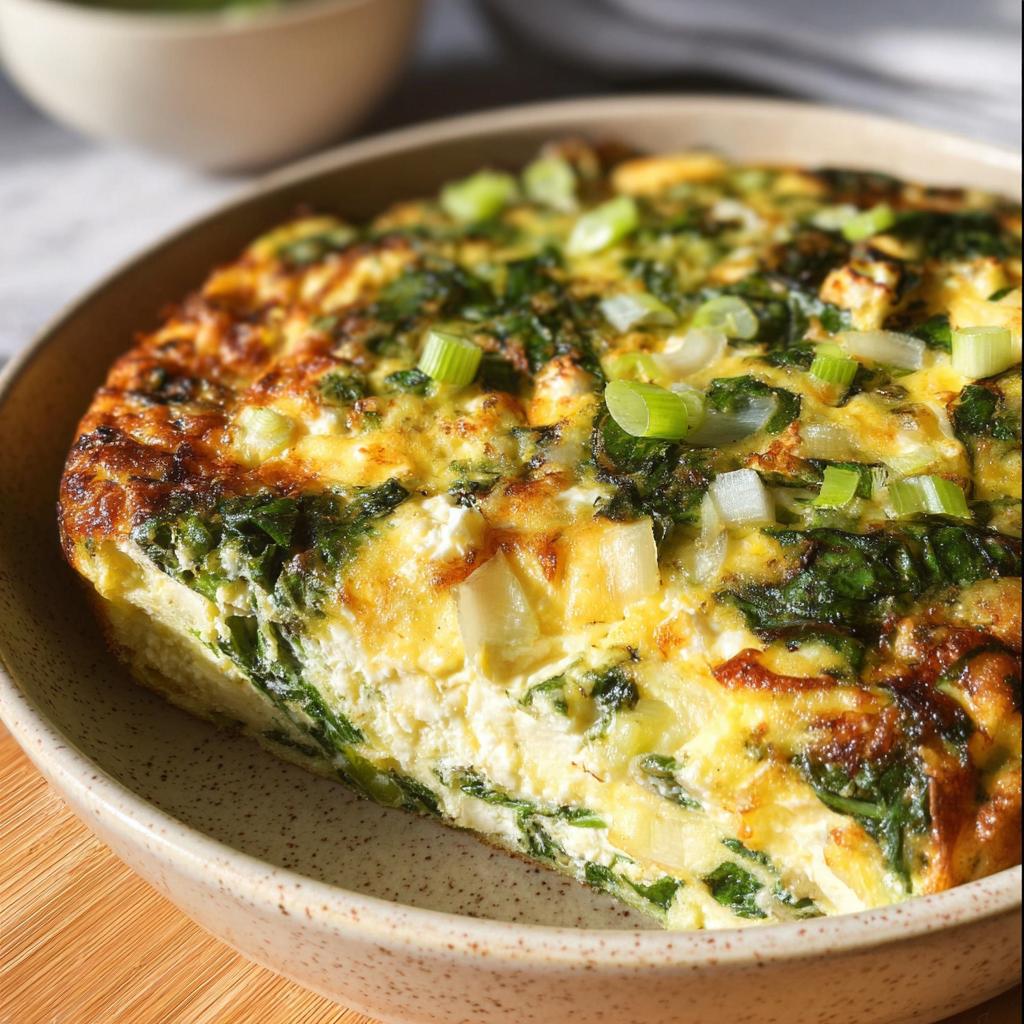 A close-up of a slice of Baked Cottage Cheese Eggs with spinach and green onions, showcasing a fluffy, cheesy texture.
