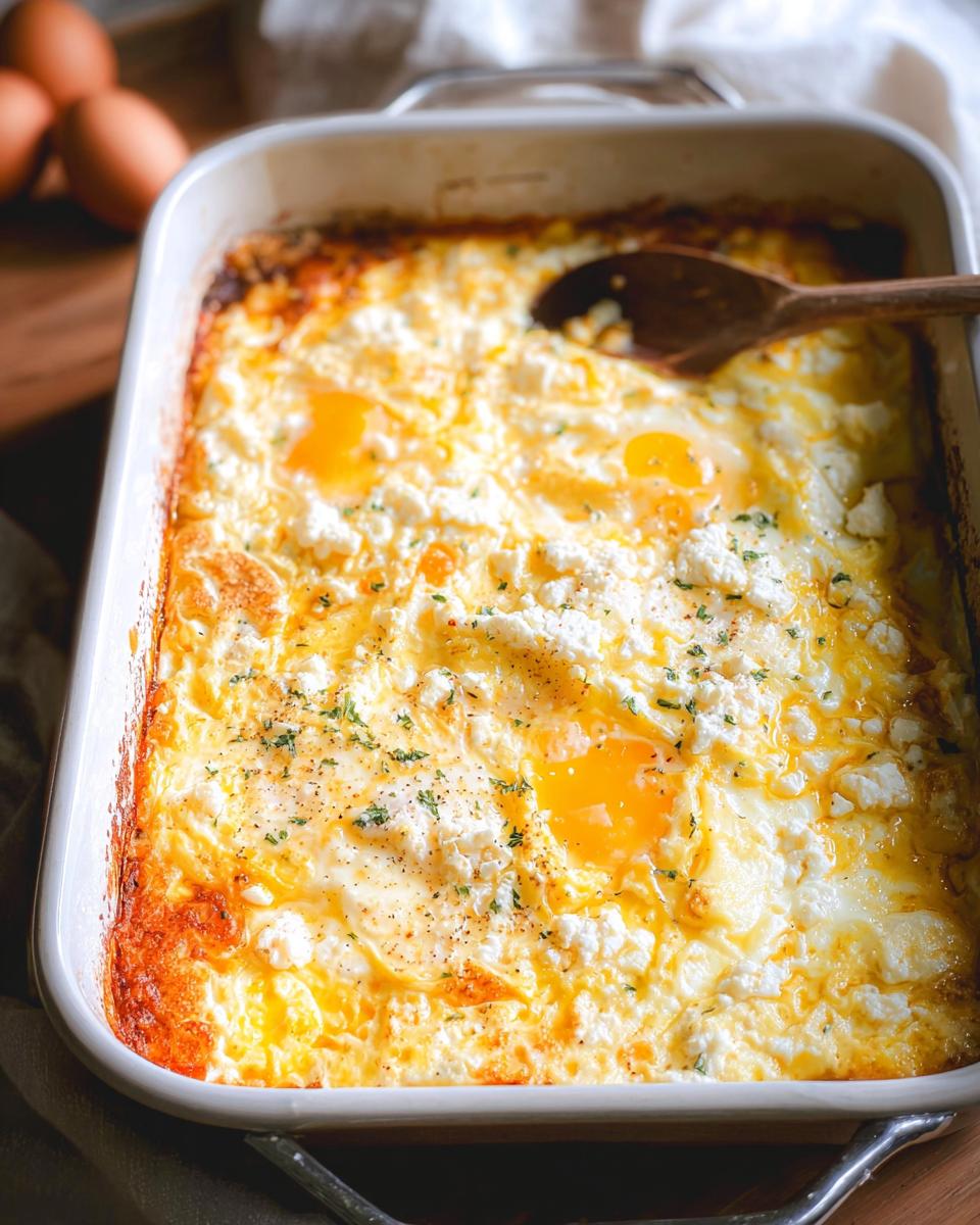 A close-up of a white baking dish filled with golden-brown Baked Feta Eggs, topped with crumbled feta and herbs.