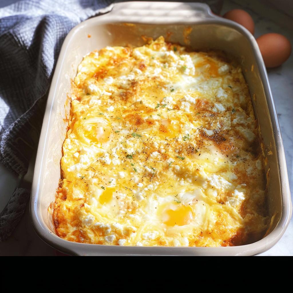 A close-up of freshly baked feta eggs in a casserole dish, with runny yolks and crumbled feta cheese.