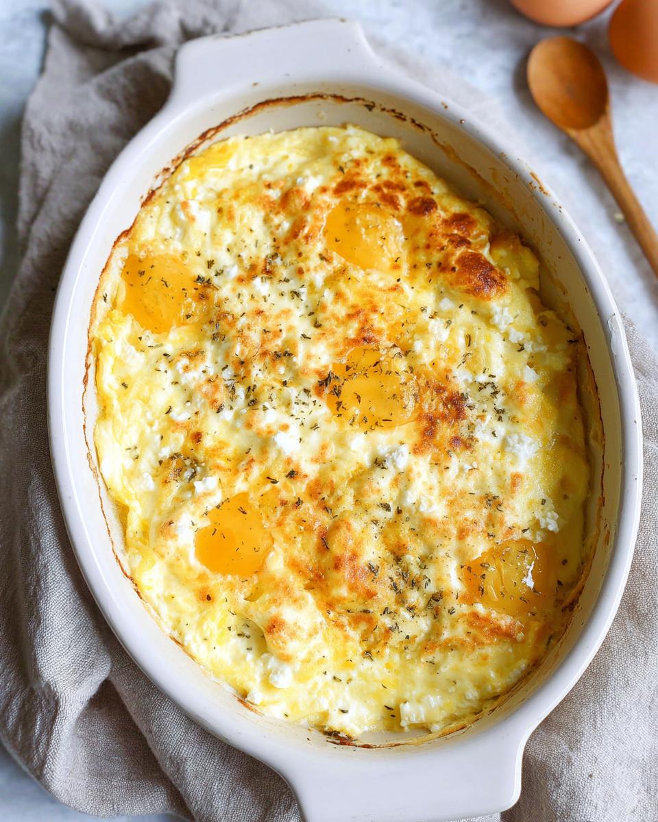Close-up of baked feta eggs in a white oval baking dish, with runny yolks and crumbled feta cheese.