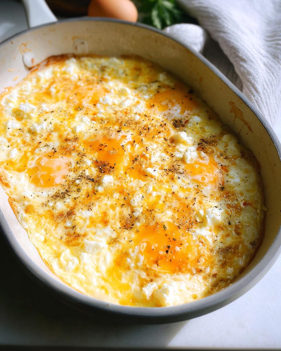 Close-up of baked feta eggs in a baking dish, with runny yolks and crumbled feta cheese.