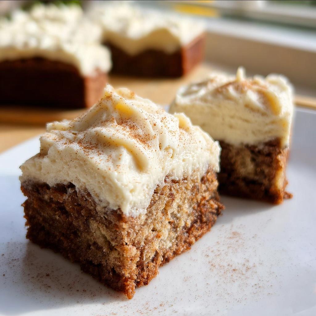 Close-up of two squares of Banana Bread Brownies Made Easy, topped with creamy frosting and a sprinkle of cinnamon.