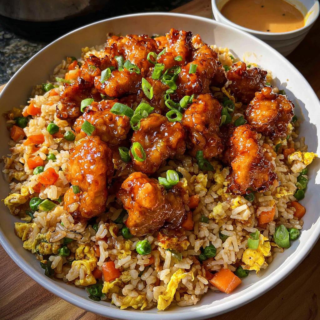 A bowl of Bang Bang Fried Rice topped with crispy, glazed chicken pieces and garnished with green onions.