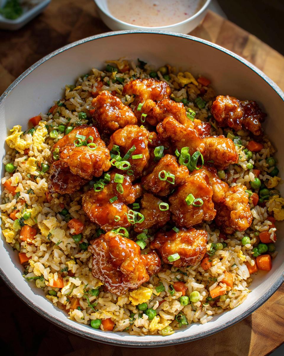 A bowl of Bang Bang Fried Rice topped with crispy, glazed chicken pieces and green onions.