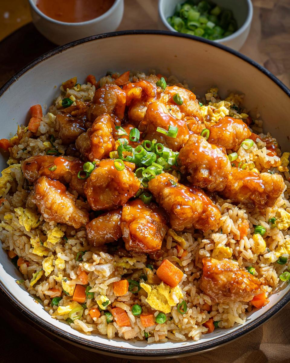 A bowl of Bang Bang Fried Rice topped with crispy, glazed chicken pieces and chopped green onions.