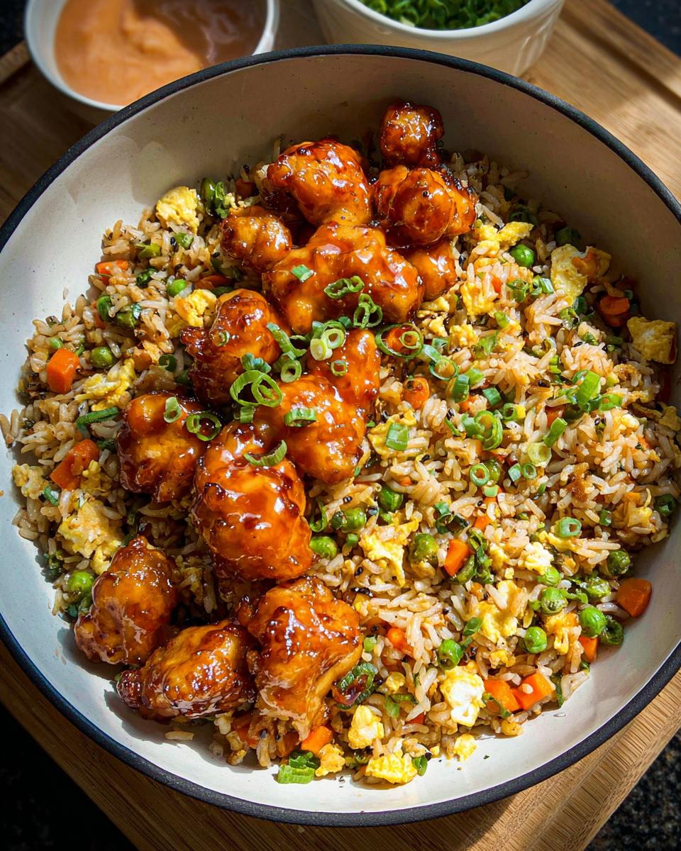 A bowl of Bang Bang Fried Rice topped with glazed crispy chicken pieces and green onions.