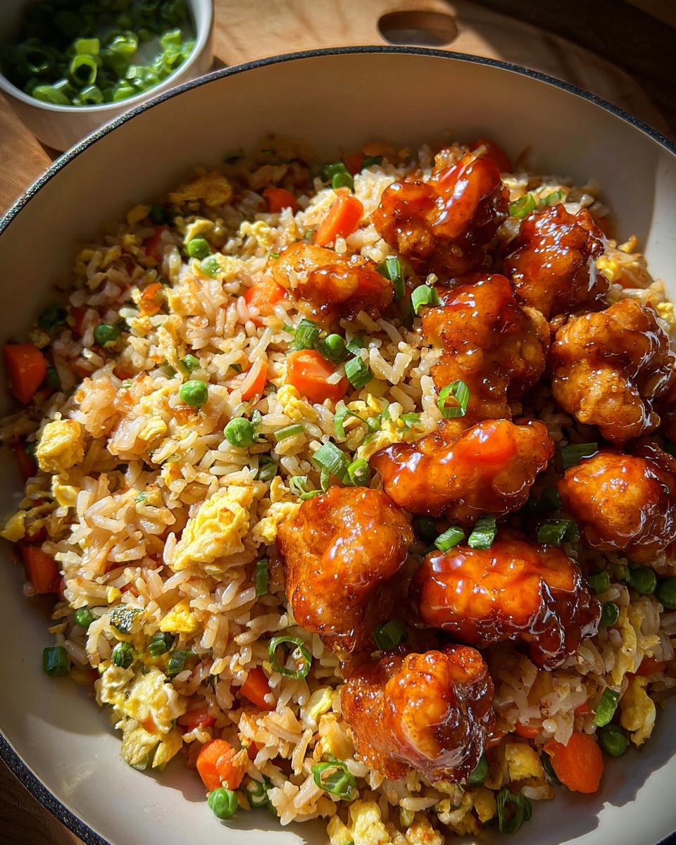 A bowl of Bang Bang Fried Rice topped with glazed crispy chicken pieces and garnished with chopped green onions.