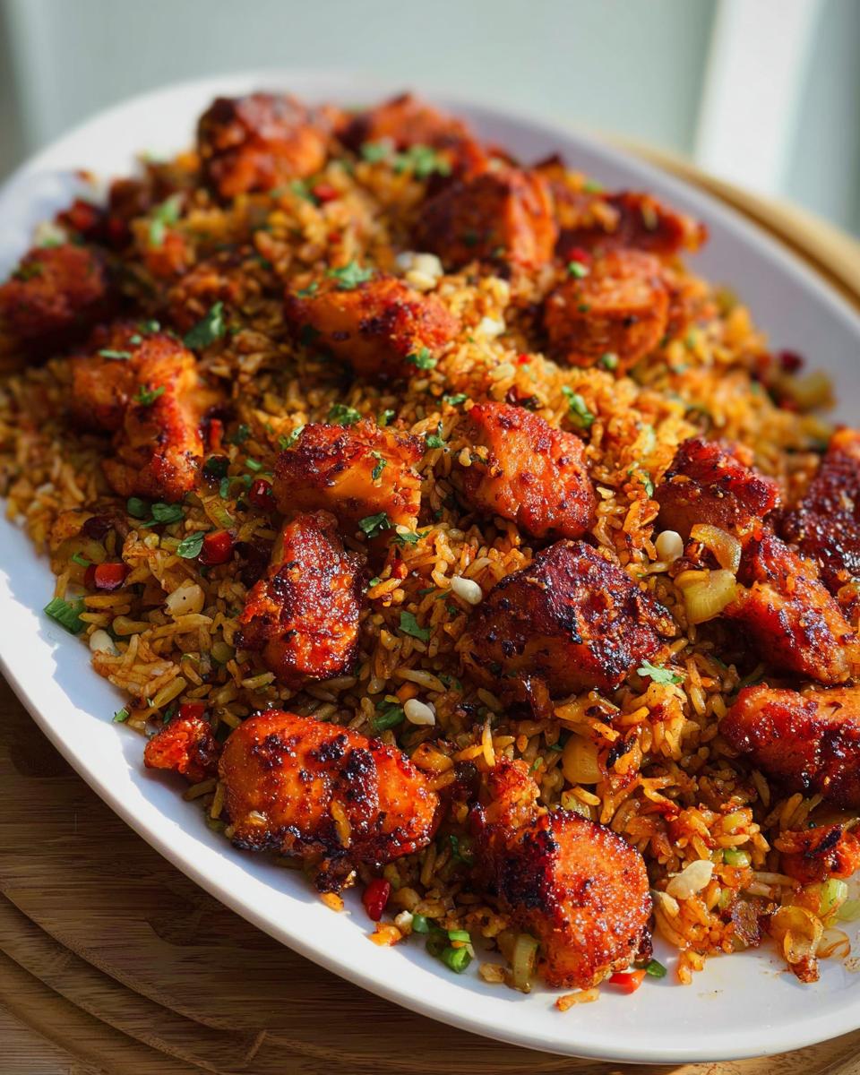 A close-up of a white platter filled with flavorful BBQ chicken and rice, garnished with fresh herbs.