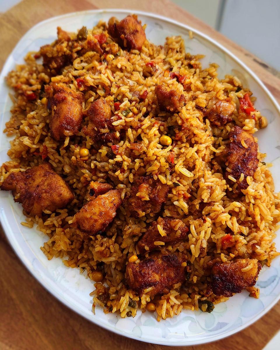 A generous platter of flavorful BBQ Chicken and Rice, featuring tender chicken pieces mixed with seasoned rice and vegetables.