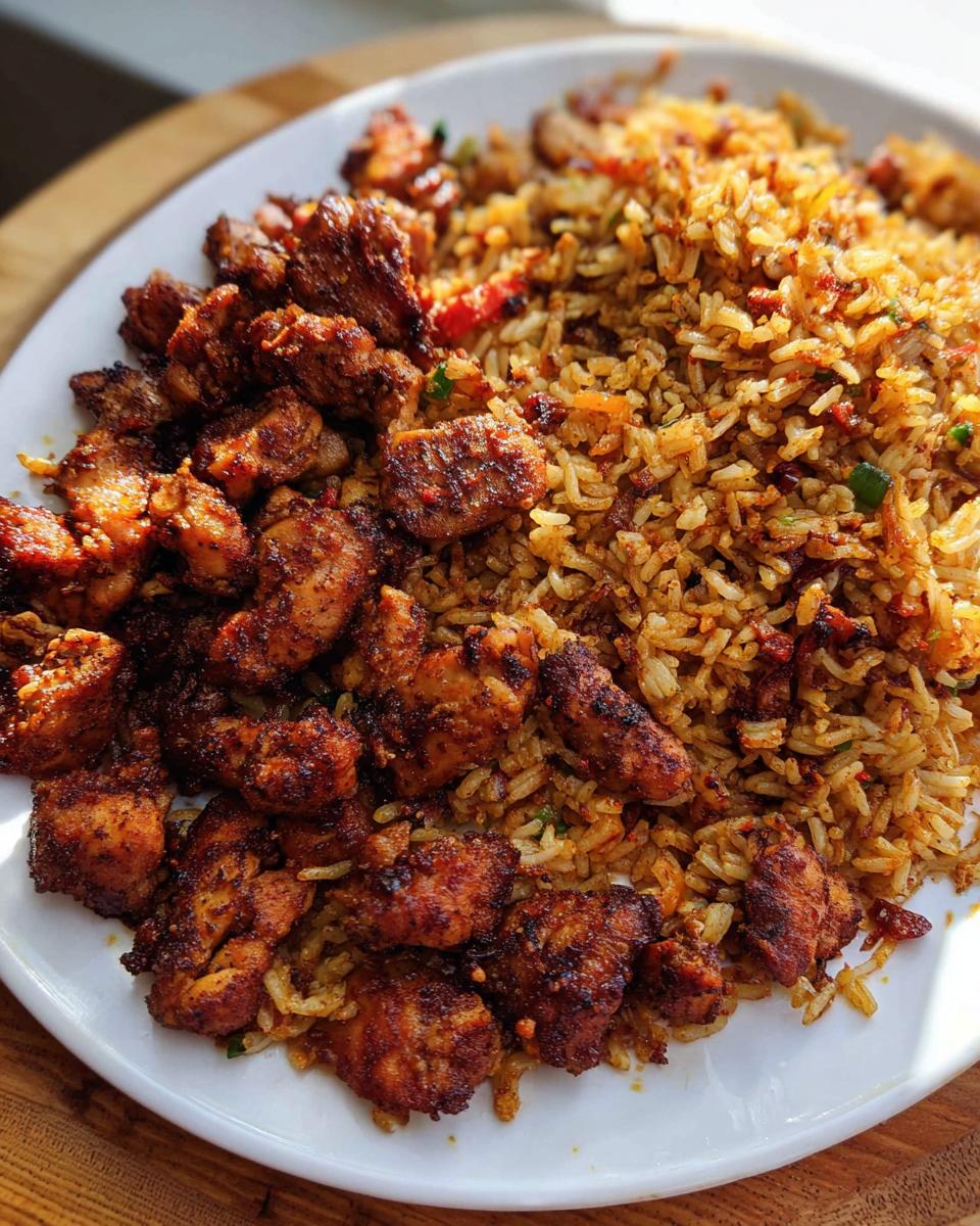 A close-up shot of a white plate filled with BBQ Chicken and Rice, featuring seasoned chicken pieces and flavorful fried rice.