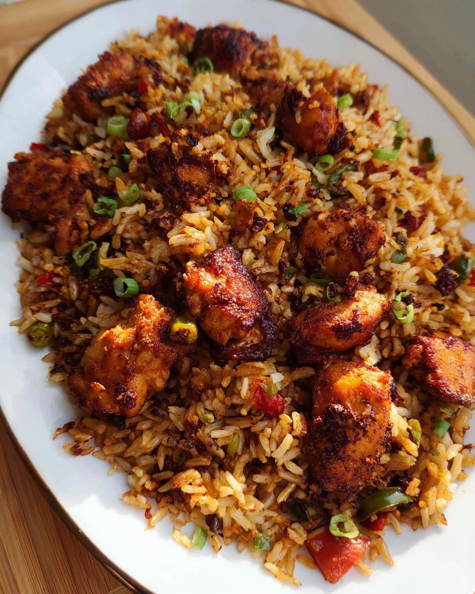 A close-up of a platter of BBQ Chicken and Rice, featuring seasoned chicken pieces mixed with rice and vegetables.