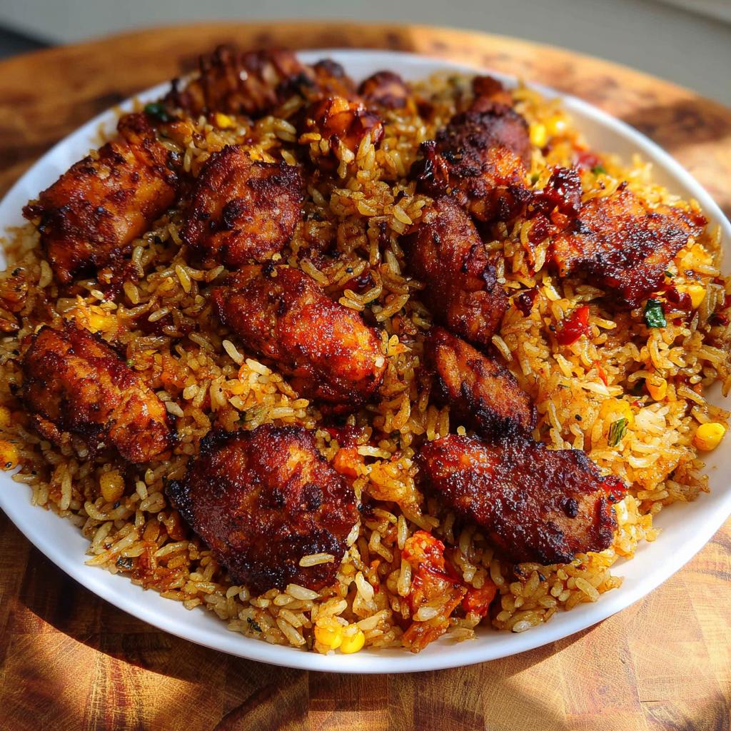 A close-up of a white plate filled with flavorful BBQ Chicken and Rice, featuring tender chicken pieces and seasoned rice with corn.