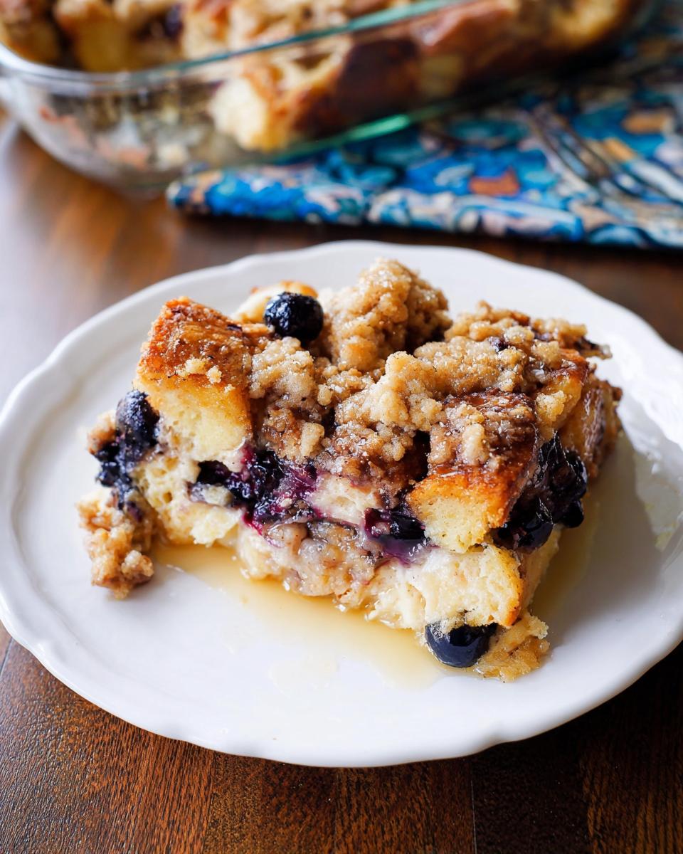 A delicious slice of Best Blueberry French Toast Casserole topped with streusel and fresh blueberries, drizzled with syrup.