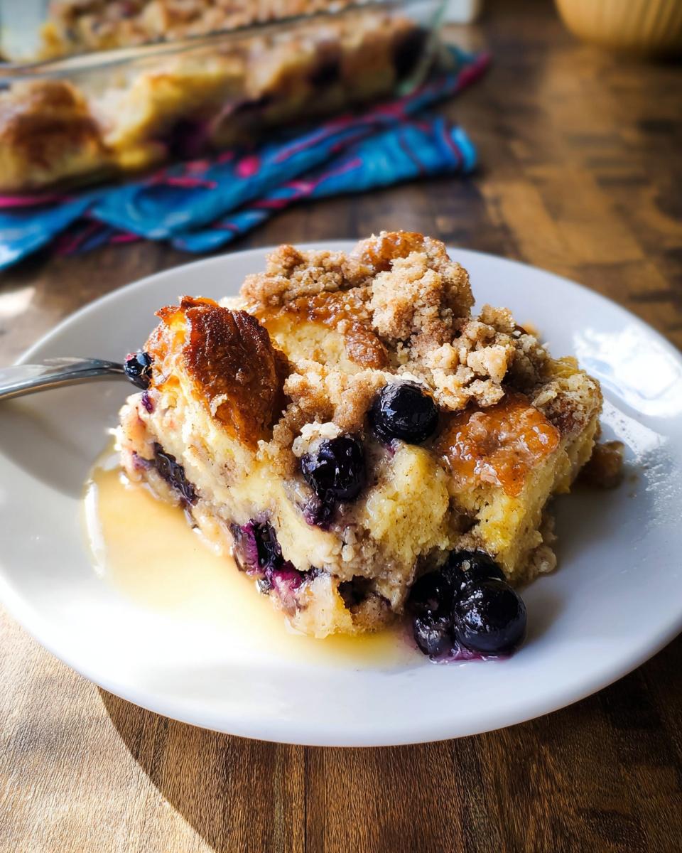 A delicious slice of Best Blueberry French Toast Casserole, topped with streusel and fresh blueberries, served on a white plate with syrup.