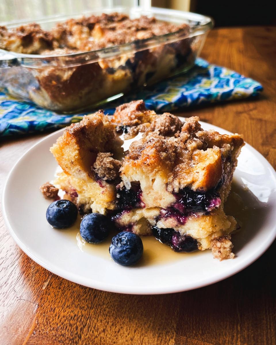 A delicious slice of Best Blueberry French Toast Casserole topped with streusel and fresh blueberries, drizzled with syrup.