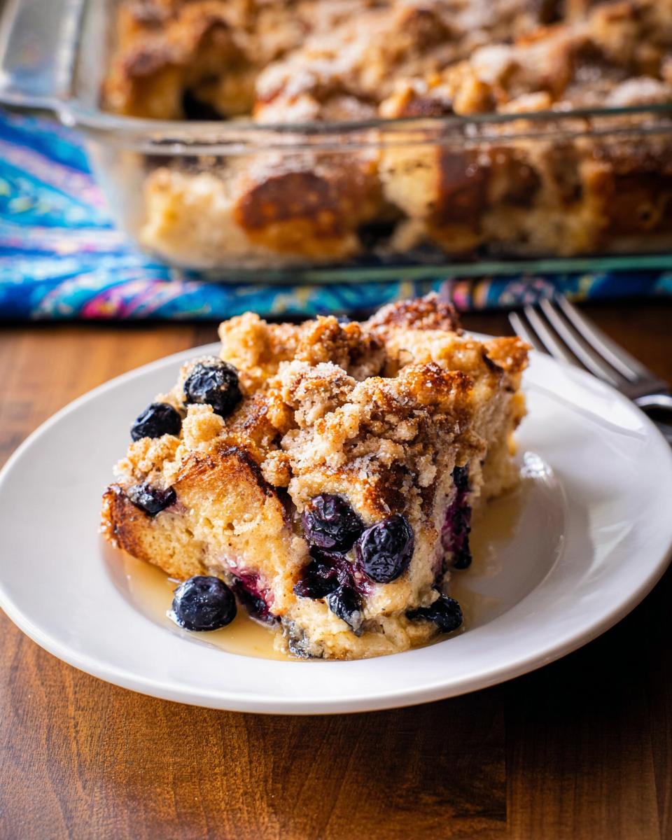 A delicious slice of Best Blueberry French Toast Casserole topped with crumble and fresh blueberries, served on a white plate.