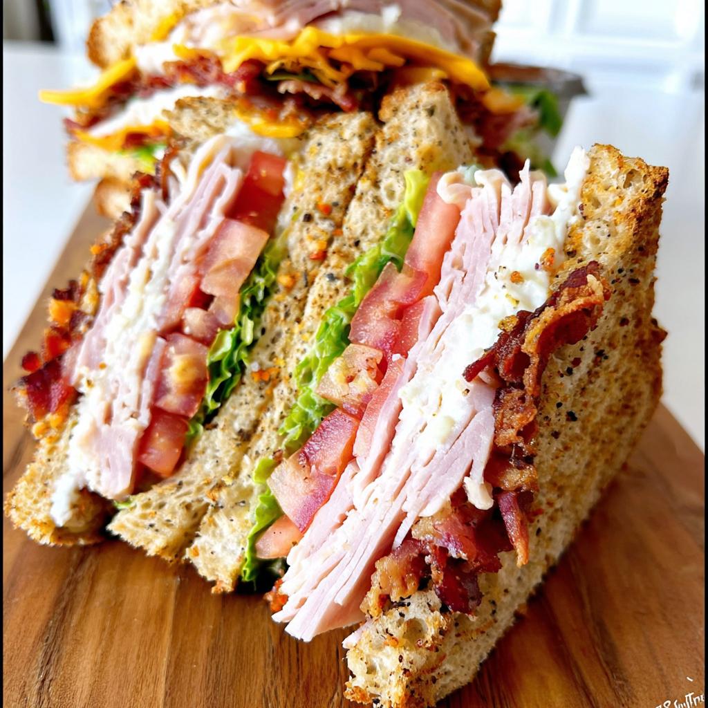A close-up of a stacked Breakfast Club Sandwich, showcasing layers of turkey, bacon, tomato, lettuce, and creamy spread on toasted bread.