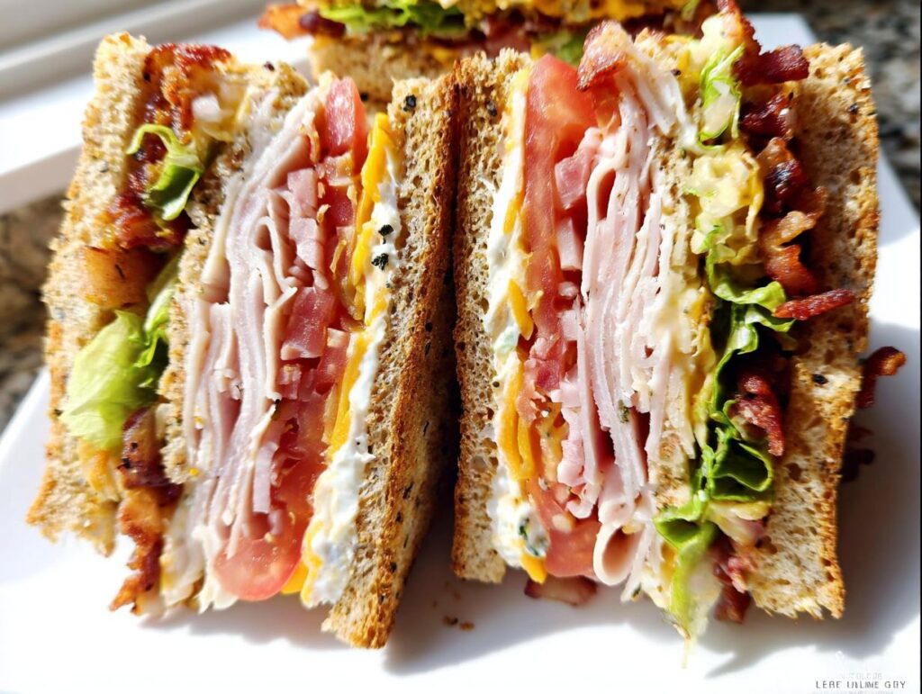 Close-up of a stacked Breakfast Club Sandwich cut in half, showing layers of turkey, bacon, tomato, lettuce, and cheese on toasted bread.