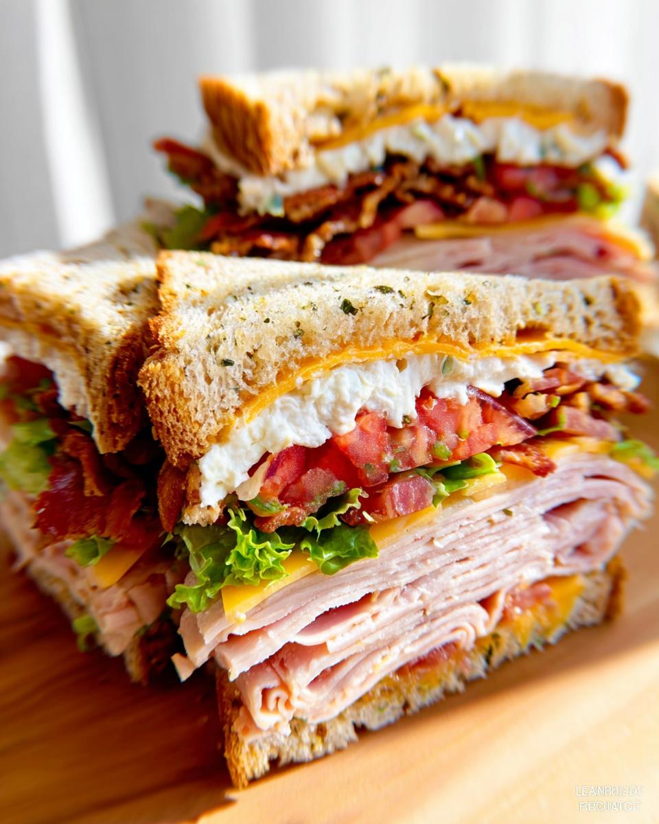 Close-up of a stacked Breakfast Club Sandwich with turkey, bacon, lettuce, tomato, cheese, and egg.