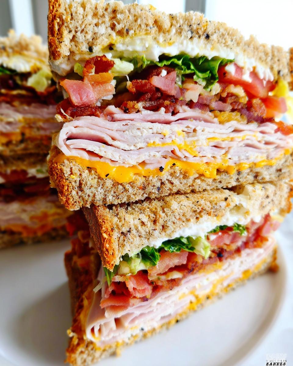 A stacked Breakfast Club Sandwich with layers of turkey, bacon, cheese, lettuce, and tomato on toasted whole wheat bread.