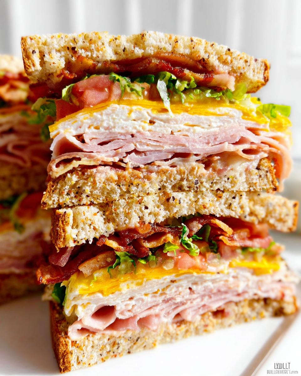 A tall stack of a Breakfast Club Sandwich with layers of bacon, egg, ham, turkey, lettuce, and tomato on whole wheat toast.
