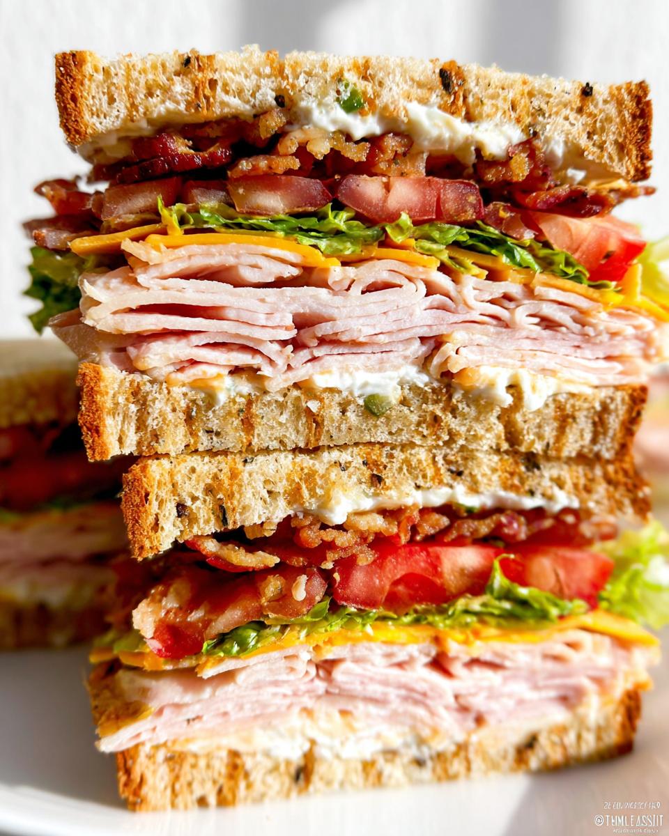 A tall, stacked Breakfast Club Sandwich with layers of turkey, bacon, cheese, lettuce, and tomato on toasted bread.