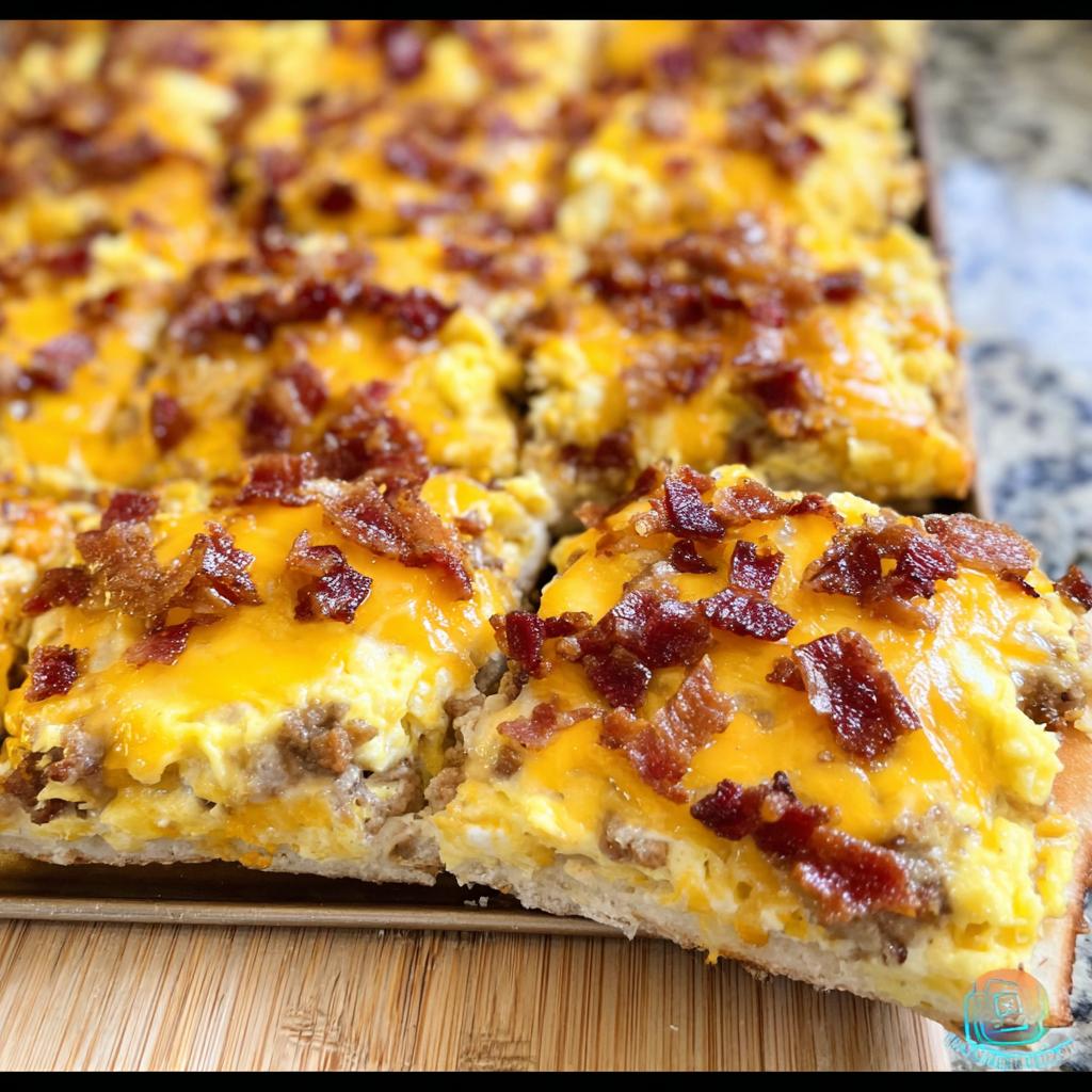 Close-up of a slice of breakfast pizza with scrambled eggs, melted cheese, and crispy bacon.