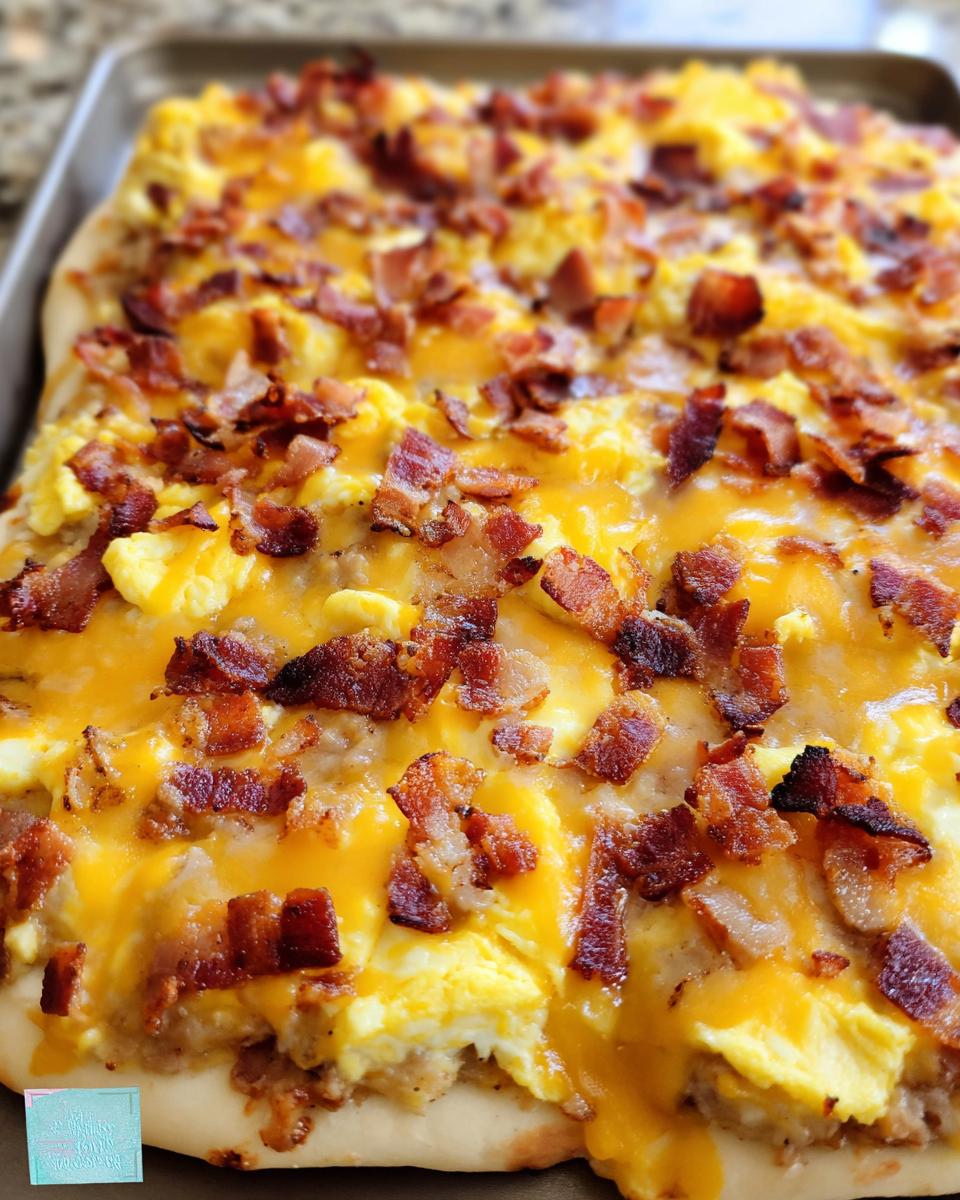 Close-up of a freshly baked Breakfast Pizza egg Recipe topped with scrambled eggs, melted cheese, and crispy bacon.