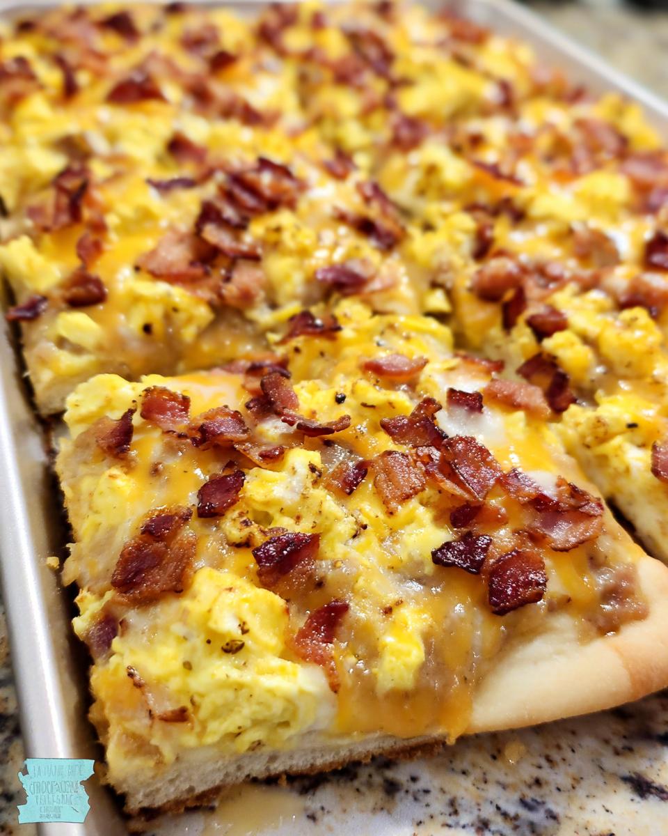 A slice of breakfast pizza egg recipe topped with scrambled eggs, melted cheese, and crispy bacon.