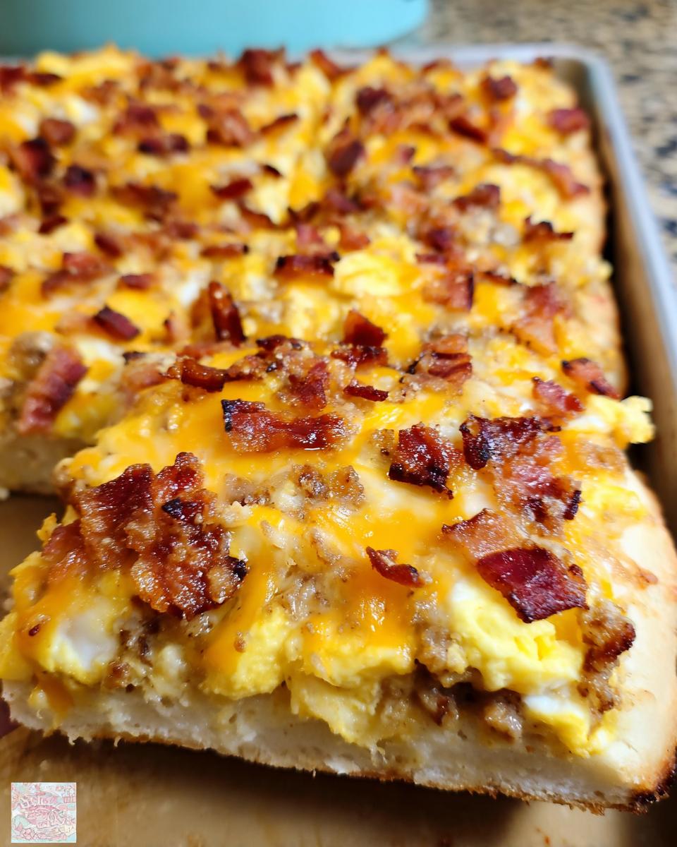 A close-up of a slice of breakfast pizza egg recipe, topped with scrambled eggs, cheese, and crispy bacon.