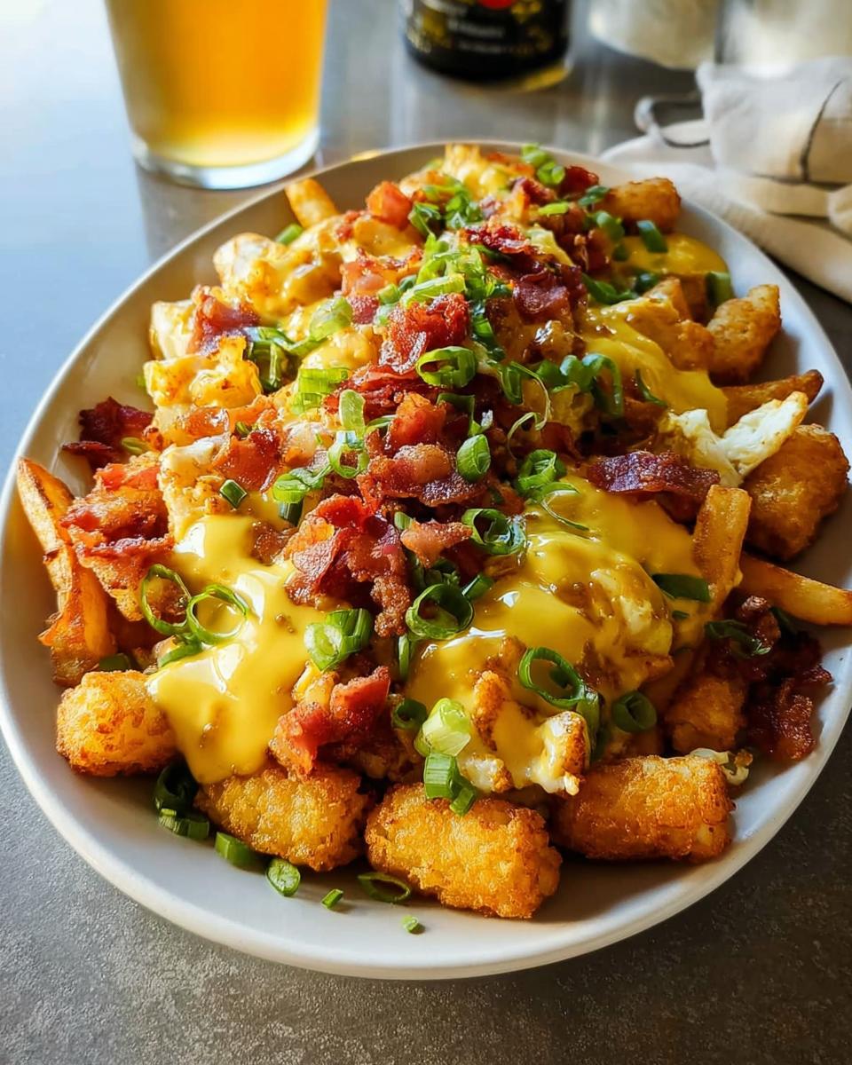 A plate of Breakfast Poutine with Hollandaise Sauce, featuring crispy tater tots, french fries, scrambled eggs, bacon, and green onions.