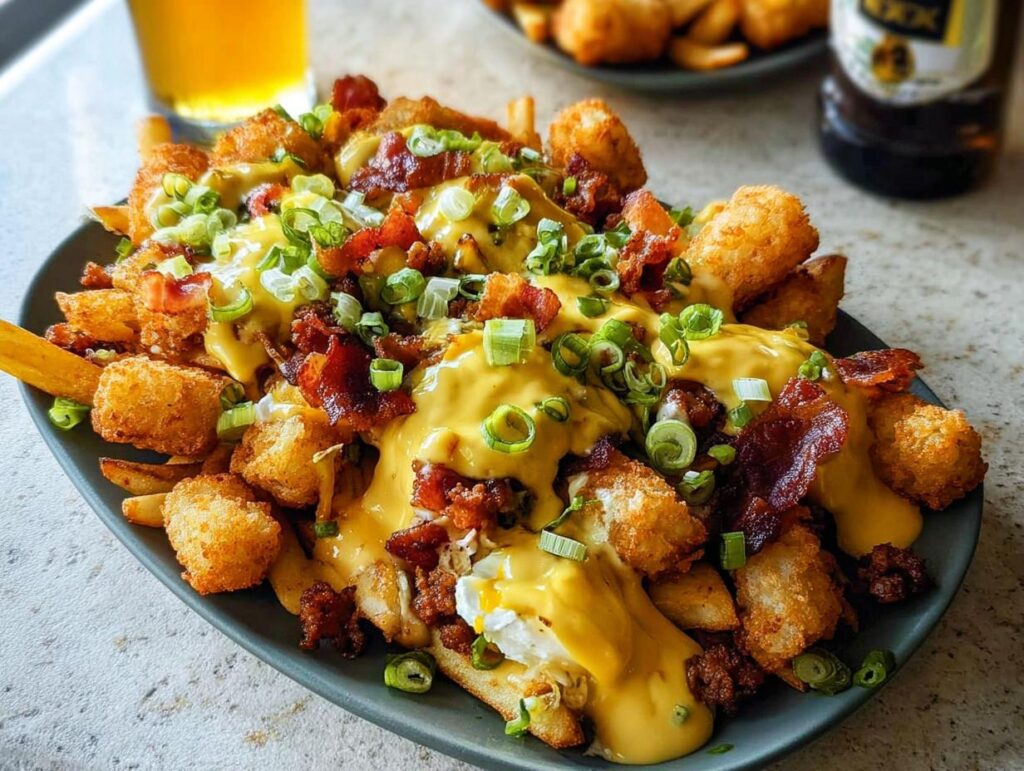 A plate of Breakfast Poutine with Hollandaise Sauce, featuring french fries, tater tots, crispy bacon, and green onions.