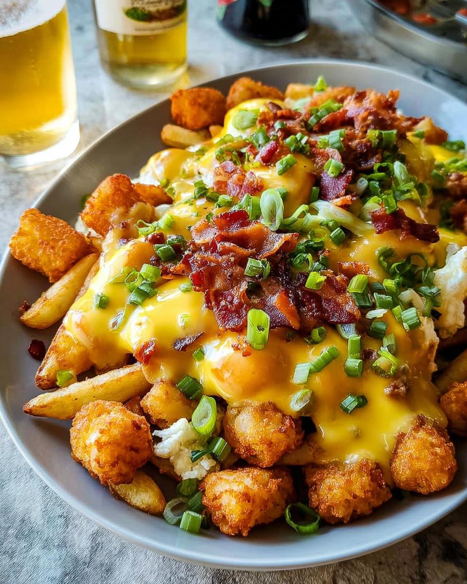 A generous serving of Breakfast Poutine with Hollandaise Sauce, topped with crispy bacon and green onions.