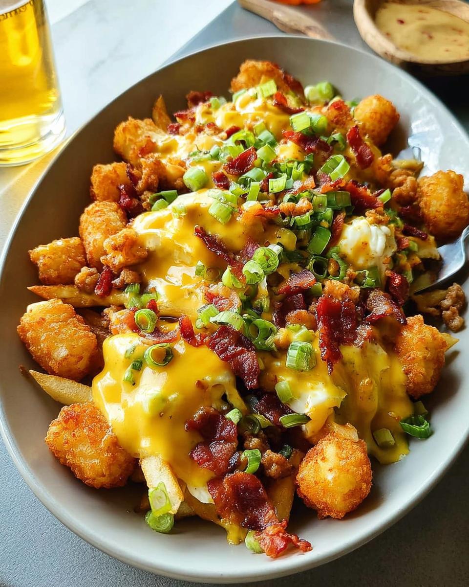 A hearty bowl of Breakfast Poutine with Hollandaise Sauce, featuring tater tots, fries, bacon, and green onions.