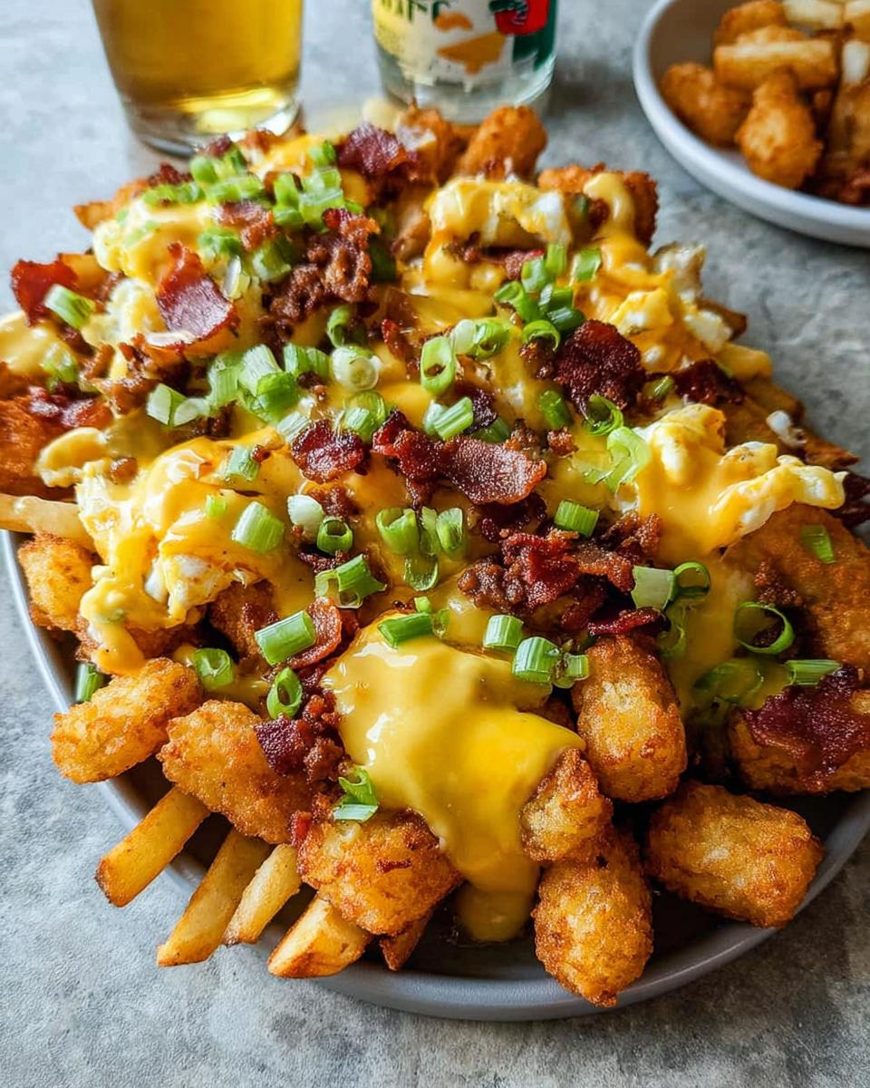 A hearty plate of Breakfast Poutine with Hollandaise Sauce, featuring crispy tater tots, french fries, scrambled eggs, bacon, and green onions.