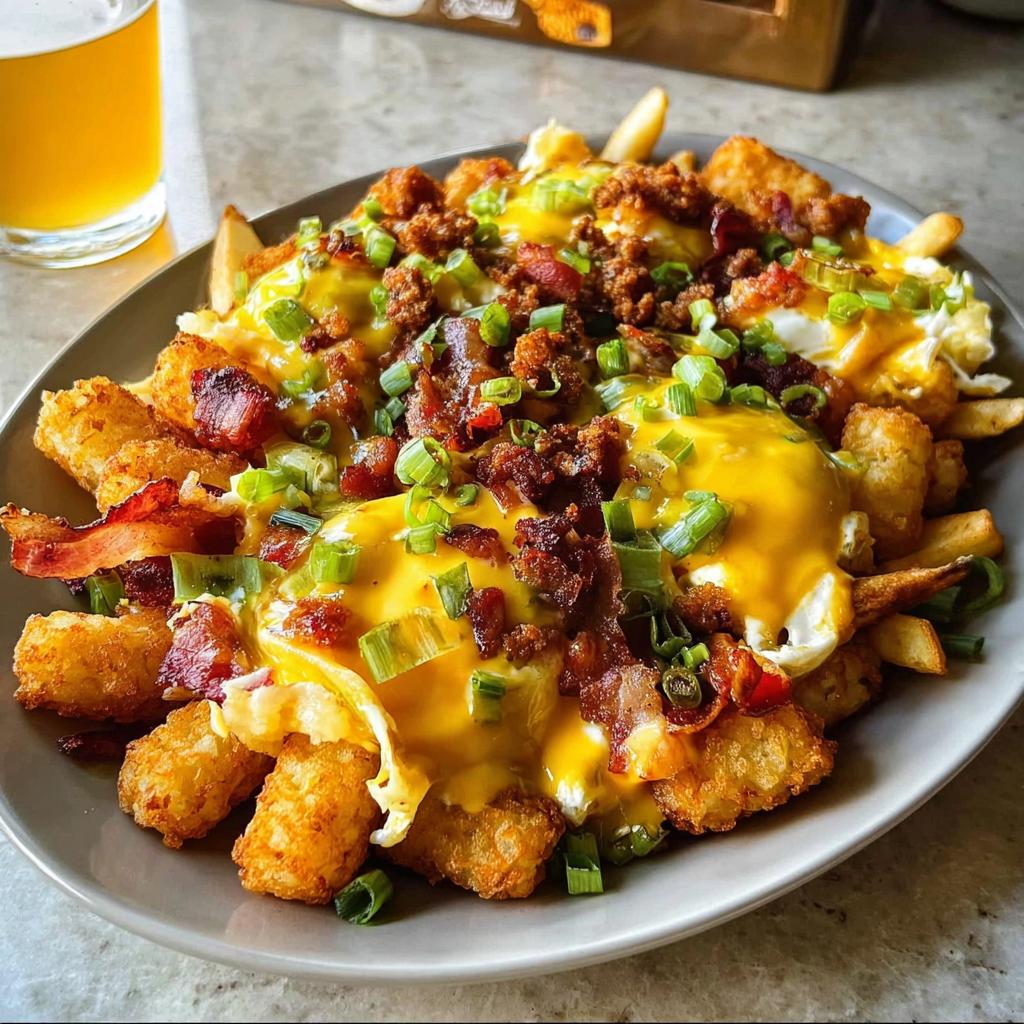 A plate of Breakfast Poutine with Hollandaise Sauce, featuring tater tots, fries, eggs, bacon, sausage, and green onions.