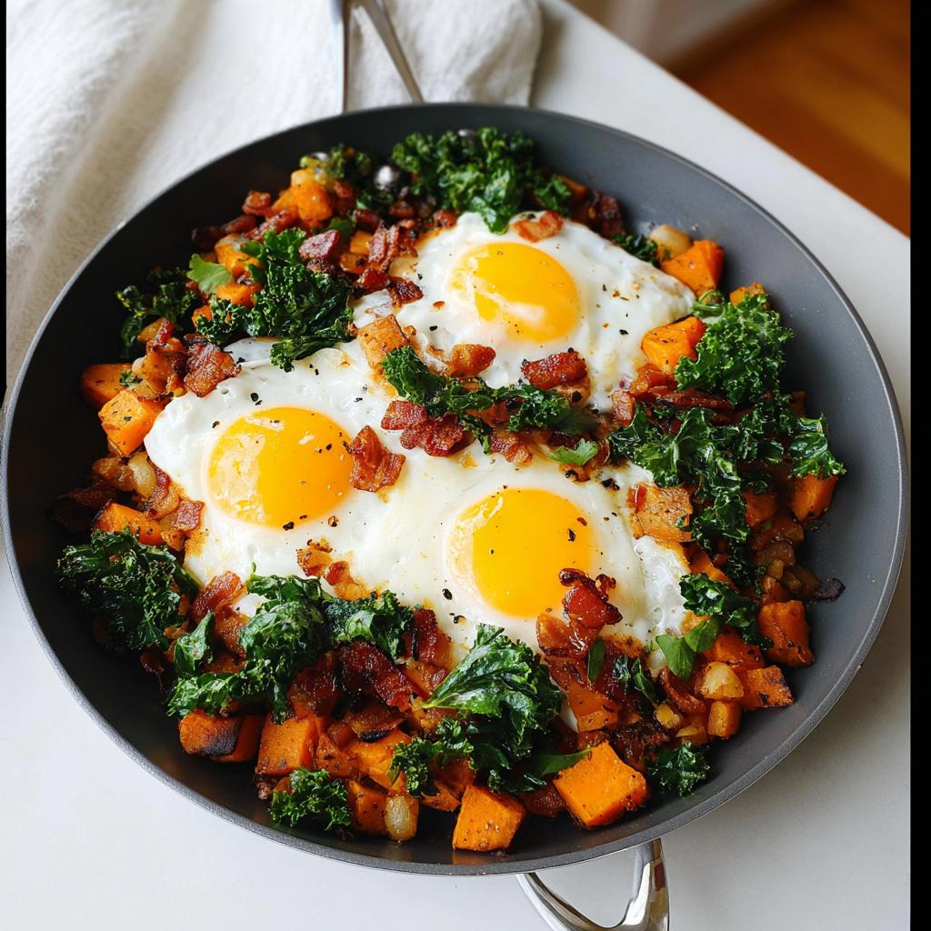 A skillet filled with a colorful BREAKFAST SWEET POTATO hash, topped with three sunny-side-up eggs, crispy bacon, and kale.