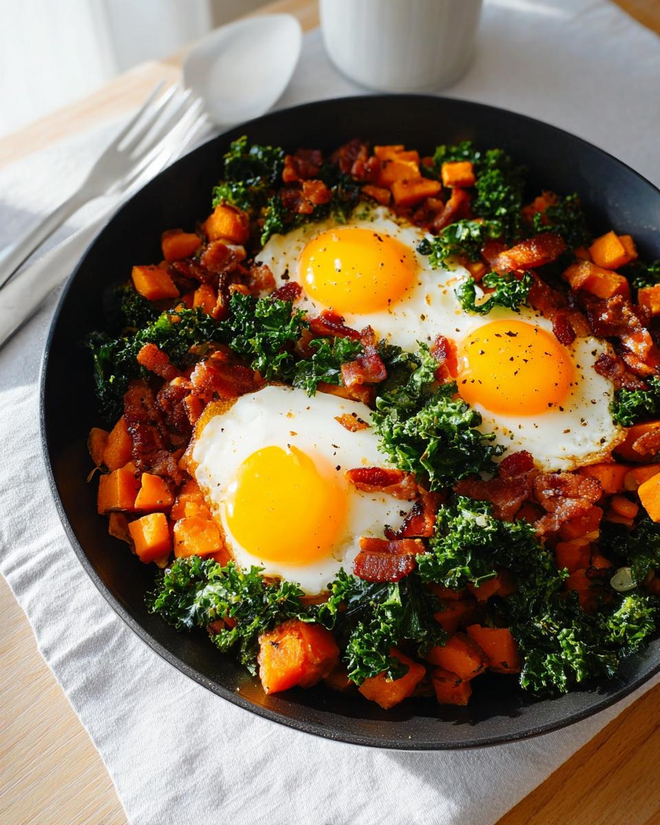 A hearty BREAKFAST SWEET POTATO hash topped with three sunny-side-up eggs, crispy bacon, and fresh kale.