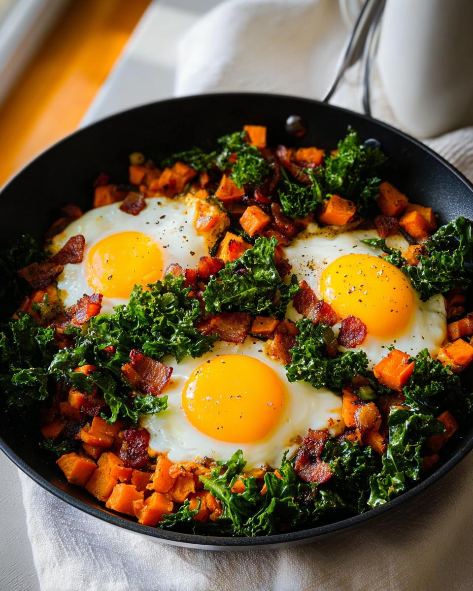 A skillet filled with diced sweet potato, crispy bacon, fresh kale, and three sunny-side-up eggs, showcasing a delicious BREAKFAST SWEET POTATO.