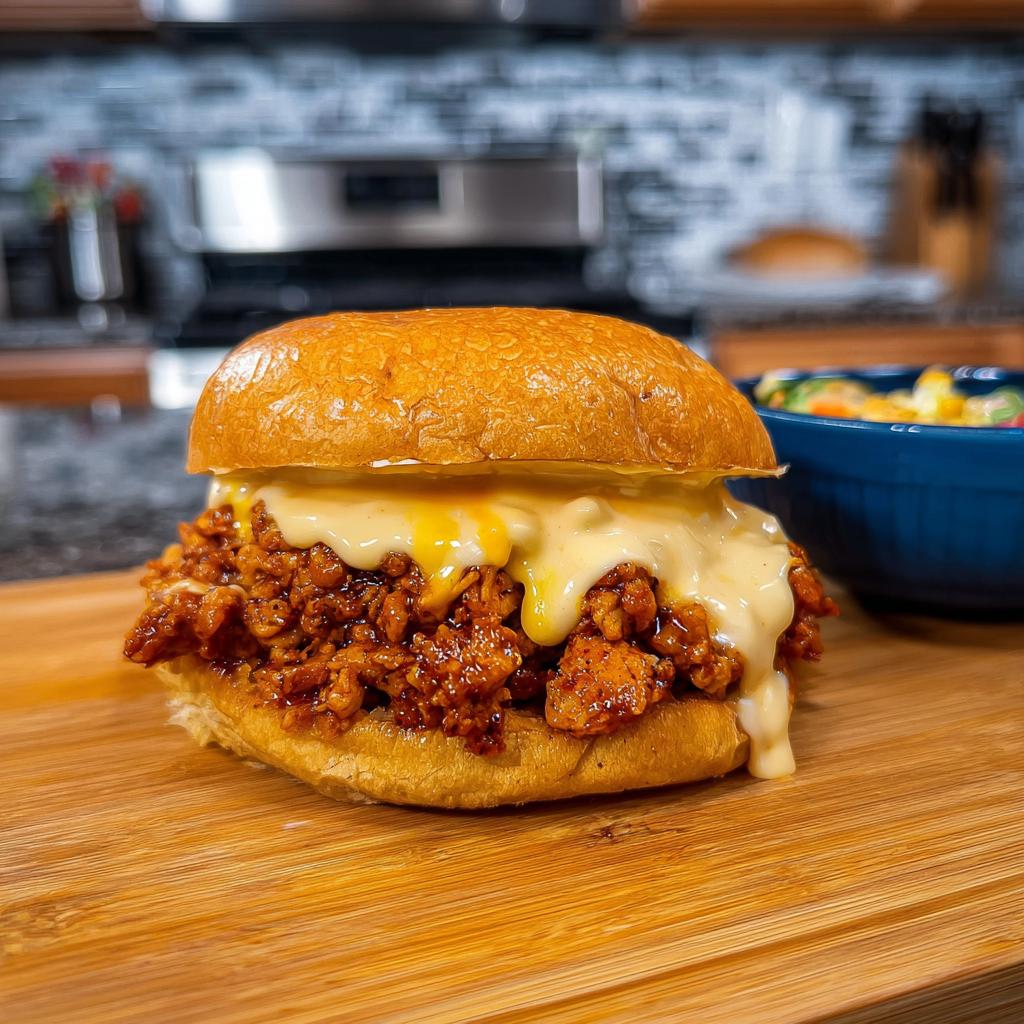 A delicious Cajun Chicken Sloppy Joe sandwich overflowing with creamy cheese sauce on a toasted bun.