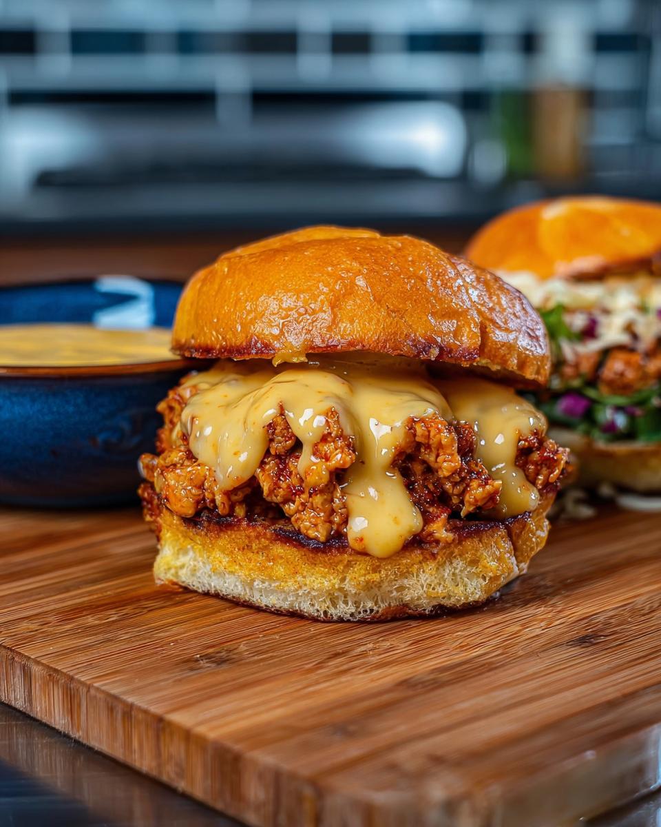 A close-up of a Cajun Chicken Sloppy Joe sandwich topped with creamy cheese sauce, served on a toasted bun.