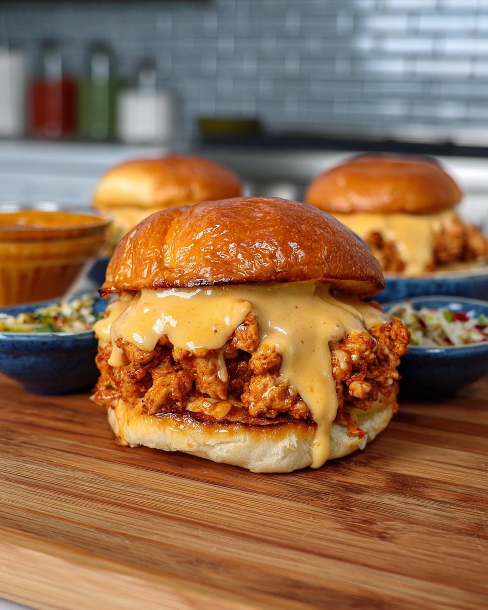 A close-up of a Cajun Chicken Sloppy Joe sandwich generously topped with creamy cheese sauce, served on a brioche bun.