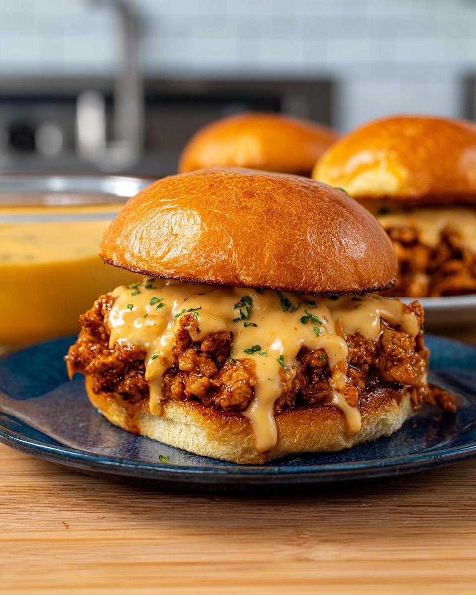 A close-up of a delicious Cajun Chicken Sloppy Joe sandwich, generously topped with creamy cheese sauce and garnished with parsley.