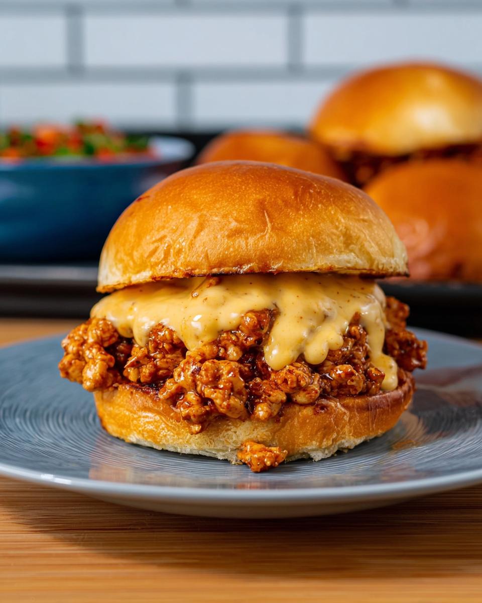 A mouth-watering Cajun Chicken Sloppy Joe sandwich topped with creamy cheese sauce on a blue plate.