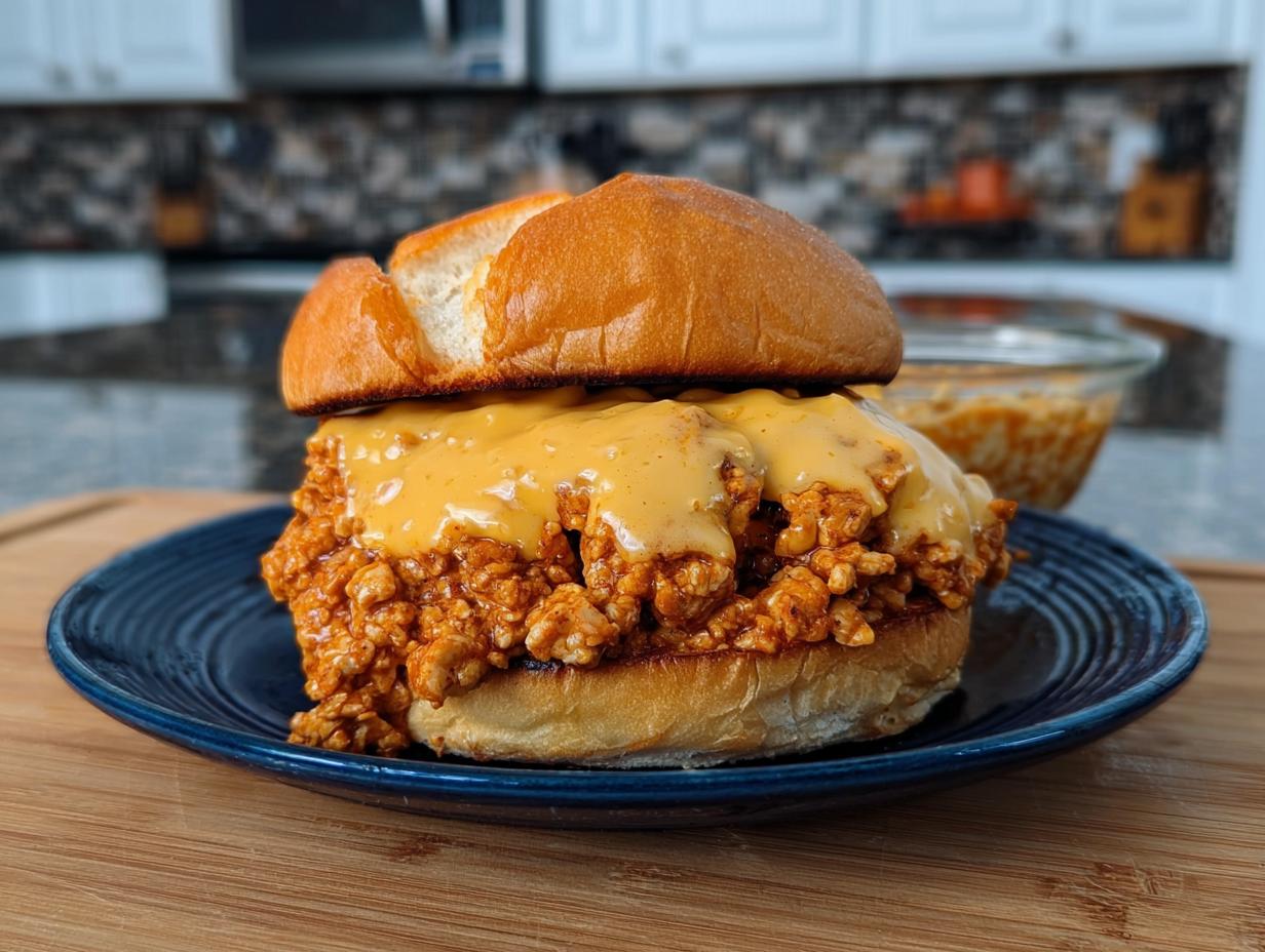A delicious Cajun Chicken Sloppy Joe sandwich topped with melted creamy cheese sauce, served on a blue plate.